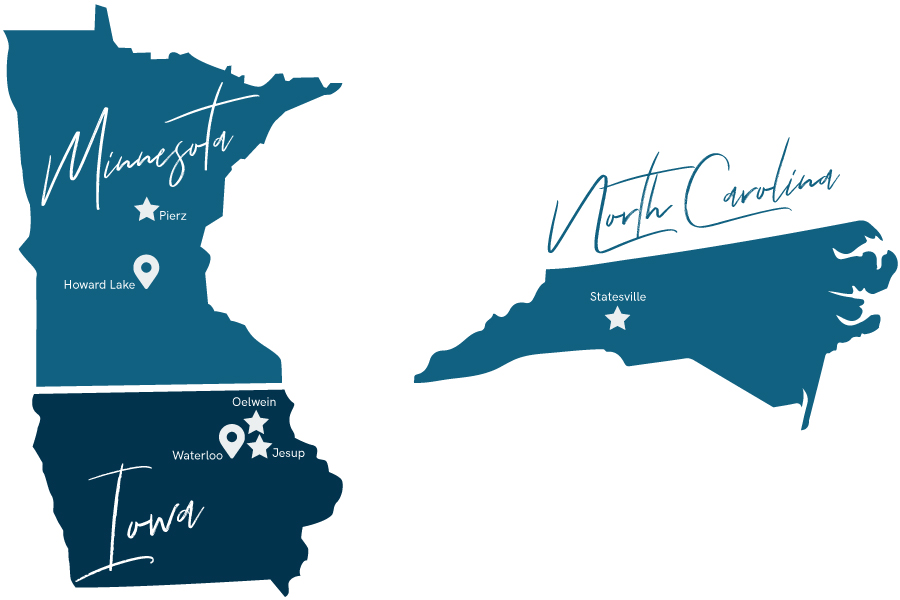 A map of Minnesota, Iowa, and North Carolina showing the manufacturing and office locations for Supreme Cabinetry Brands.